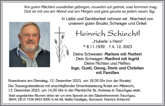 Traueranzeige von Heinrich Schiechtl von Allgäuer Zeitung, Füssen