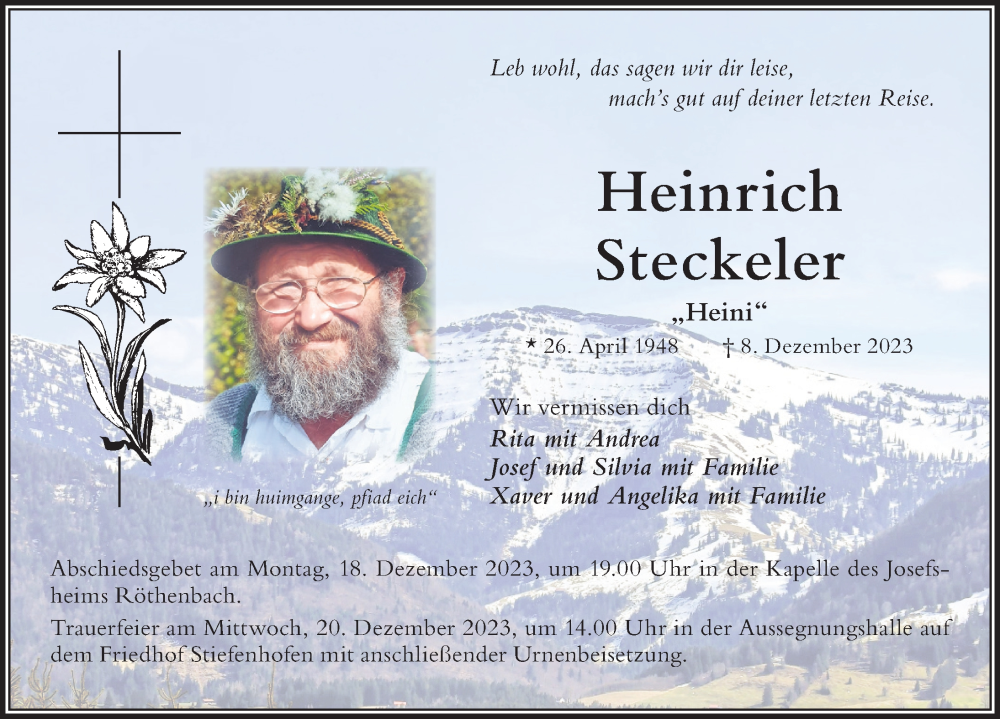  Traueranzeige für Heinrich Steckeler vom 16.12.2023 aus Der Westallgäuer