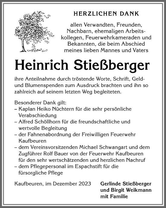 Traueranzeige von Heinrich Stießberger von Allgäuer Zeitung, Kaufbeuren/Buchloe