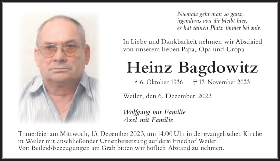 Traueranzeige von Heinz Bagdowitz von Der Westallgäuer