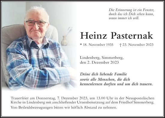 Traueranzeige von Heinz Pasternak von Der Westallgäuer