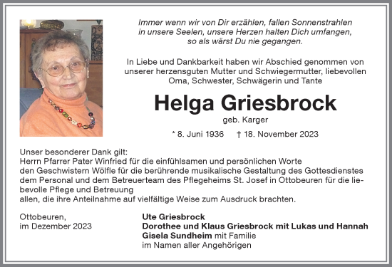 Traueranzeige von Helga Griesbrock von Memminger Zeitung