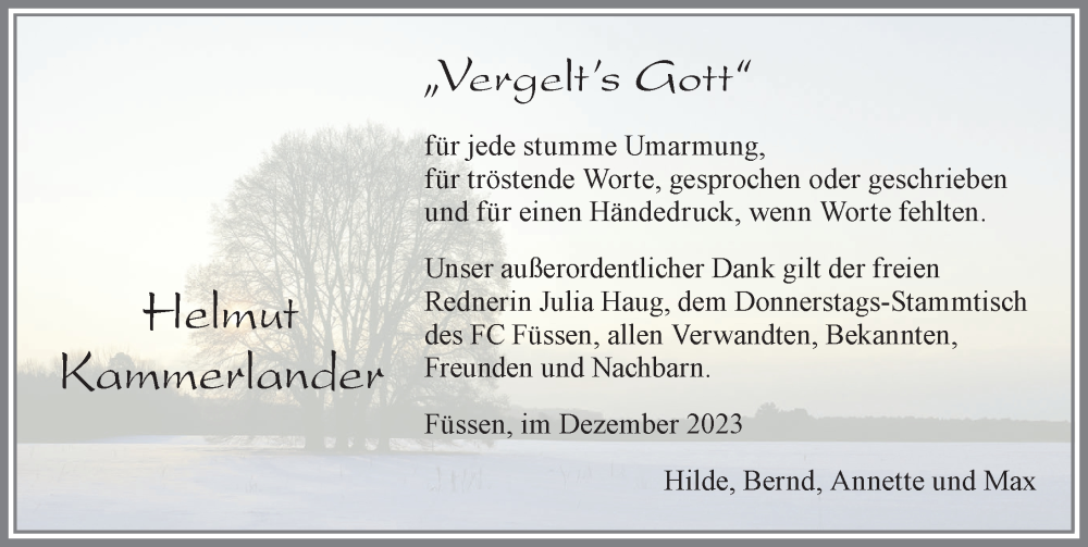  Traueranzeige für Helmut Kammerlander vom 02.12.2023 aus Allgäuer Zeitung, Füssen
