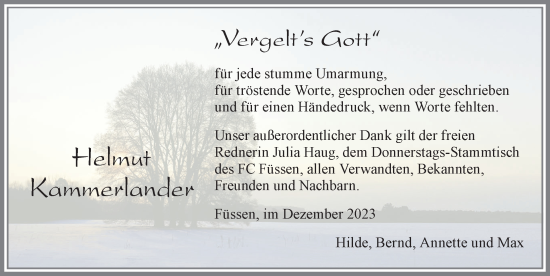 Traueranzeige von Helmut Kammerlander von Allgäuer Zeitung, Füssen