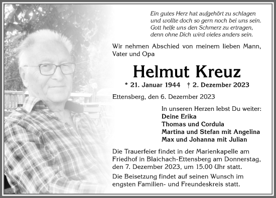 Traueranzeige von Helmut Kreuz von Allgäuer Zeitung,Kempten