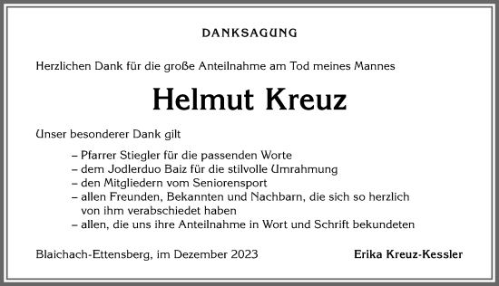 Traueranzeige von Helmut Kreuz von Allgäuer Anzeigeblatt