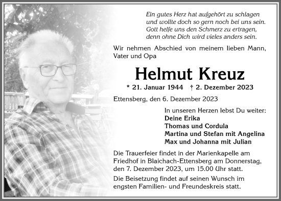 Traueranzeige von Helmut Kreuz von Allgäuer Anzeigeblatt
