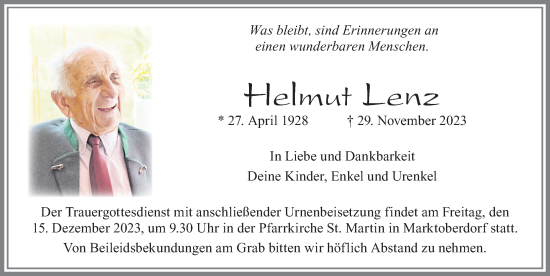Traueranzeige von Helmut Lenz von Allgäuer Zeitung, Marktoberdorf