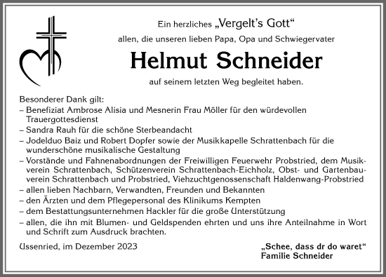 Traueranzeige von Helmut Schneider von Allgäuer Zeitung,Kempten