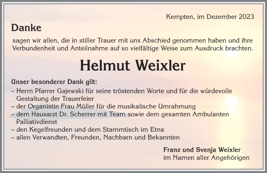 Traueranzeige von Helmut Weixler von Allgäuer Zeitung,Kempten