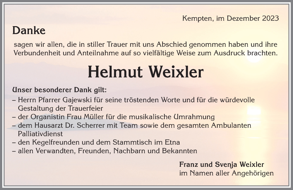  Traueranzeige für Helmut Weixler vom 02.12.2023 aus Allgäuer Zeitung,Kempten