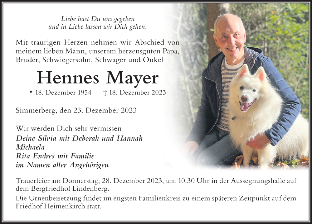  Traueranzeige für Hennes Mayer vom 23.12.2023 aus Der Westallgäuer