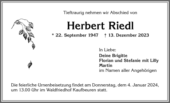 Traueranzeige von Herbert Riedl von Allgäuer Zeitung, Kaufbeuren/Buchloe