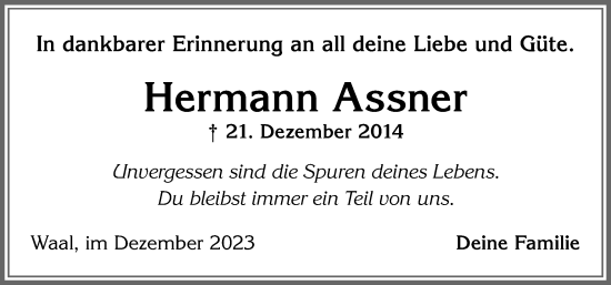 Traueranzeige von Hermann Assner von Allgäuer Zeitung, Kaufbeuren/Buchloe