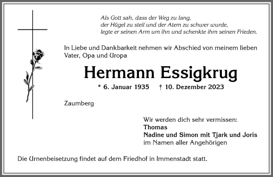 Traueranzeige von Hermann Essigkrug von Allgäuer Anzeigeblatt