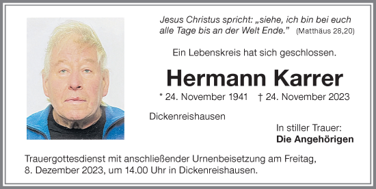 Traueranzeige von Hermann Karrer von Memminger Zeitung