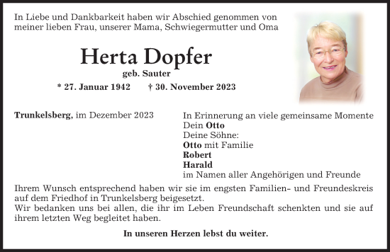 Traueranzeige von Herta Dopfer von Memminger Zeitung