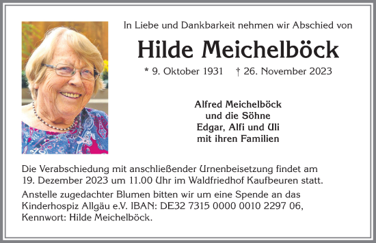 Traueranzeige von Hilde Meichelböck von Allgäuer Zeitung,Kempten