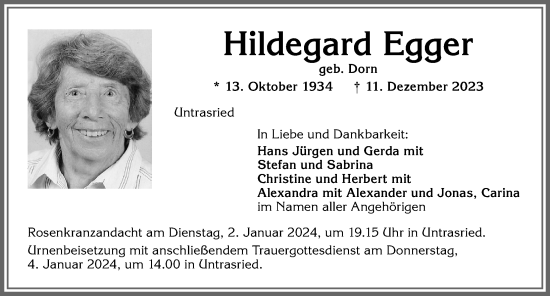 Traueranzeige von Hildegard Egger von Allgäuer Zeitung, Marktoberdorf