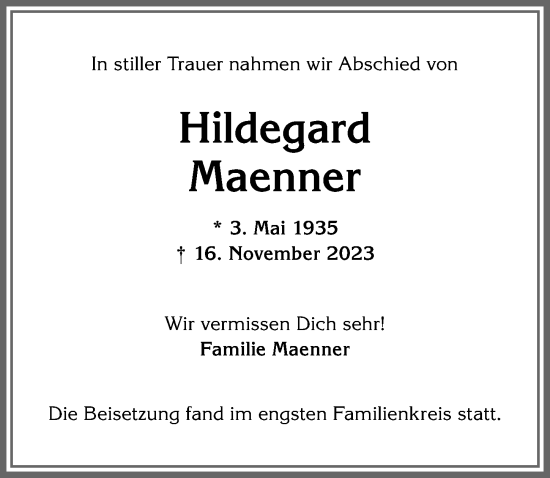 Traueranzeige von Hildegard Maenner von Allgäuer Anzeigeblatt
