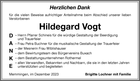 Traueranzeige von Hildegard Vogt von Memminger Zeitung