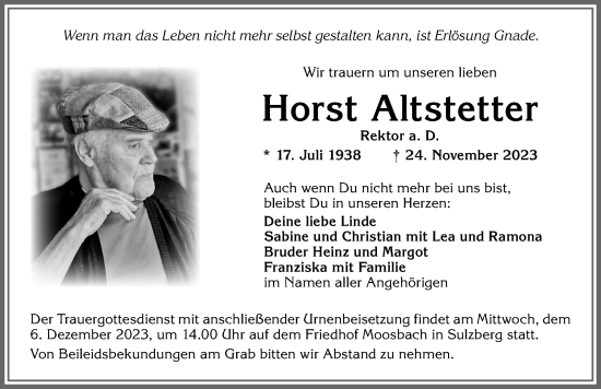 Traueranzeige von Horst Altstetter von Allgäuer Zeitung,Kempten