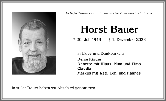 Traueranzeige von Horst Bauer von Allgäuer Anzeigeblatt