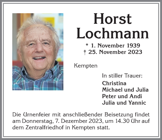 Traueranzeige von Horst Lochmann von Allgäuer Zeitung,Kempten
