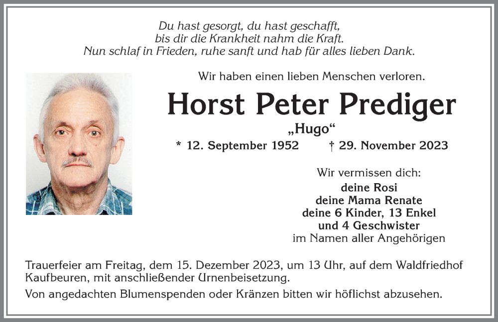  Traueranzeige für Horst Peter Prediger vom 09.12.2023 aus Allgäuer Zeitung, Kaufbeuren/Buchloe
