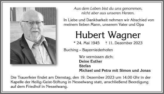 Traueranzeige von Hubert Wagner von Allgäuer Zeitung, Füssen