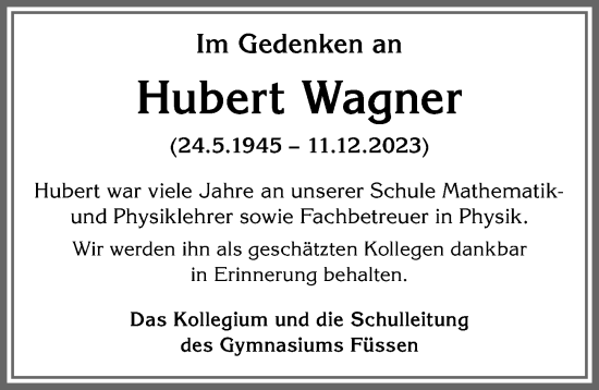 Traueranzeige von Hubert Wagner von Allgäuer Zeitung, Füssen