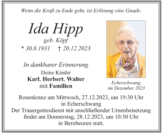 Traueranzeige von Ida Hipp von Allgäuer Zeitung, Füssen