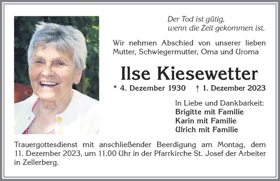 Traueranzeige von Ilse Kiesewetter von Allgäuer Zeitung, Kaufbeuren/Buchloe