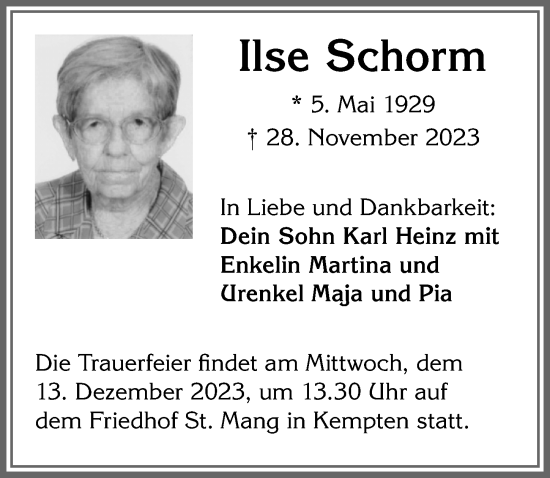 Traueranzeige von Ilse Schorm von Allgäuer Zeitung,Kempten