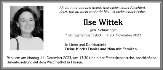 Traueranzeige von Ilse Wittek von Allgäuer Zeitung, Füssen