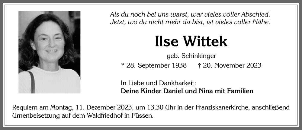  Traueranzeige für Ilse Wittek vom 06.12.2023 aus Allgäuer Zeitung, Füssen