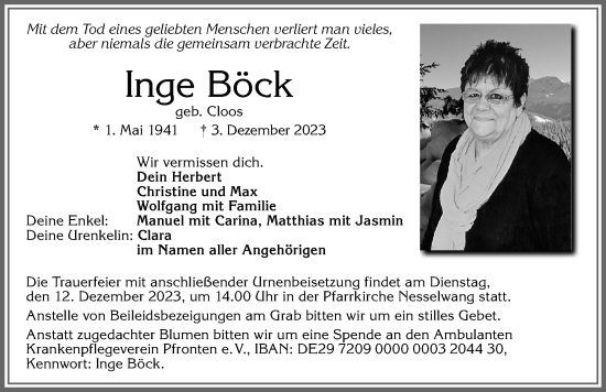 Traueranzeige von Inge Böck von Allgäuer Zeitung, Füssen