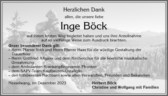 Traueranzeige von Inge Böck von Allgäuer Zeitung, Füssen