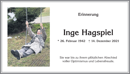 Traueranzeige von Inge Hagspiel von Allgäuer Anzeigeblatt
