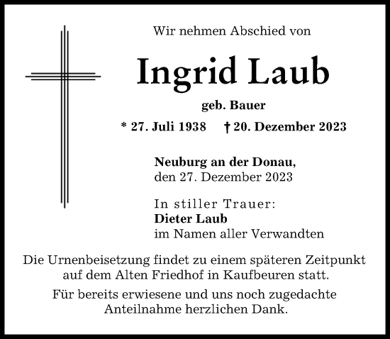 Traueranzeige von Ingrid Laub von Allgäuer Zeitung, Kaufbeuren/Buchloe