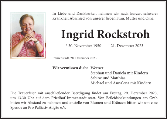 Traueranzeige von Ingrid Rockstroh von Allgäuer Anzeigeblatt