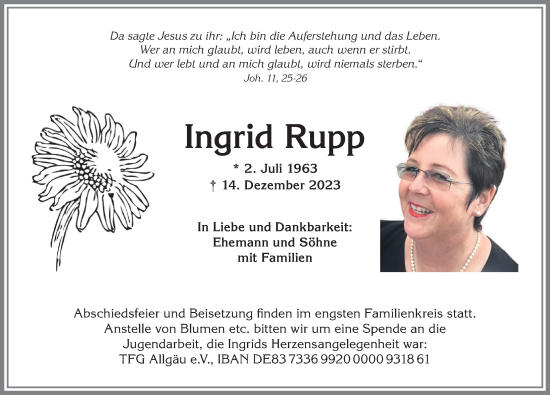Traueranzeige von Ingrid Rupp von Allgäuer Anzeigeblatt