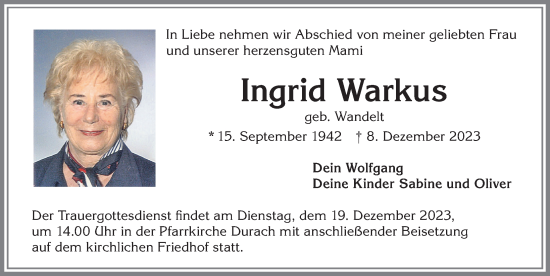 Traueranzeige von Ingrid Warkus von Allgäuer Zeitung,Kempten