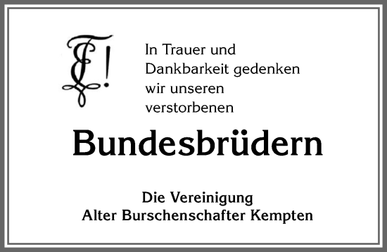 Traueranzeige von In Trauer Alter Burschenschafter Kempten von Allgäuer Zeitung,Kempten