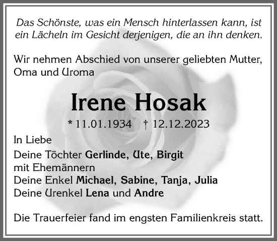 Traueranzeige von Irene Hosak von Allgäuer Zeitung, Kaufbeuren/Buchloe