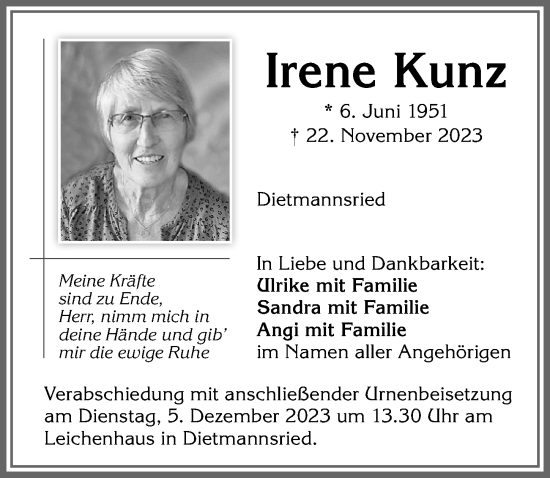 Traueranzeige von Irene Kunz von Allgäuer Zeitung,Kempten