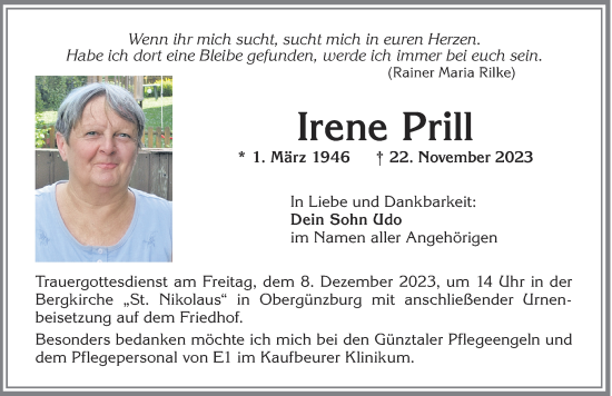 Traueranzeige von Irene Prill von Allgäuer Zeitung, Marktoberdorf