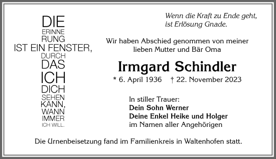 Traueranzeige von Irmgard Schindler von Allgäuer Zeitung,Kempten