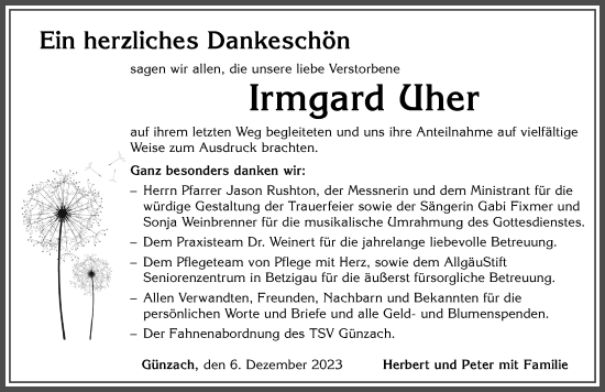 Traueranzeige von Irmgard Uher von Allgäuer Zeitung, Marktoberdorf