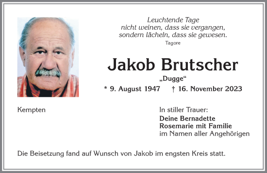 Traueranzeige von Jakob Brutscher von Allgäuer Zeitung,Kempten